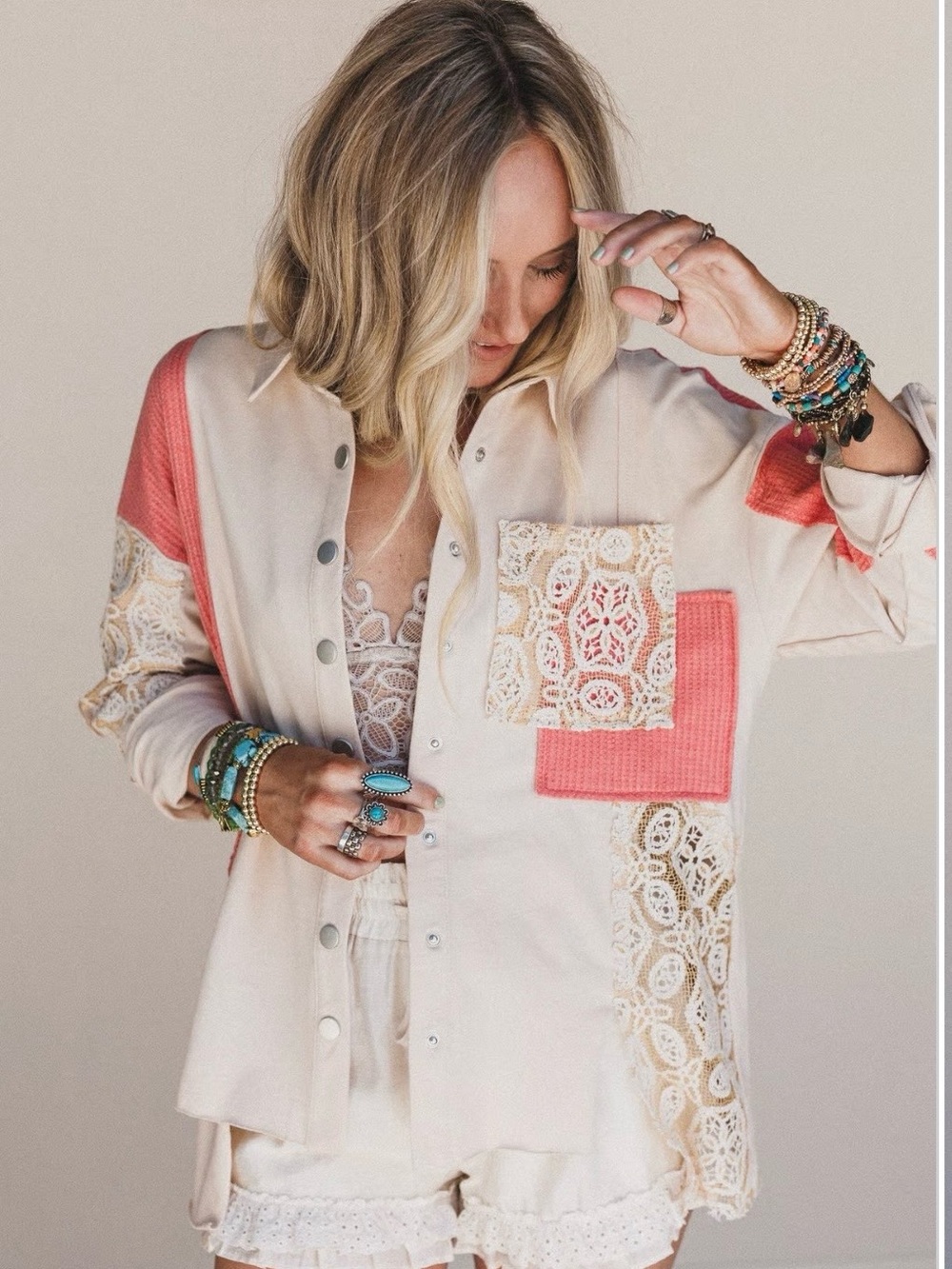 Women’s Boho Lace Detail Jacket/Shirt, Snap Closure, Gorgeous NWT Sz Large